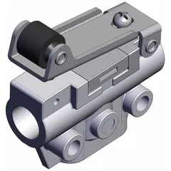 Roller-actuated 3-port pneumatic valve with M5 threads and bottom-ported body. Used for directional air control in industrial pneumatic systems where compact manifold mounting is required.