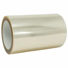 Transparent polyester film tape with acrylic adhesive and silver-based antimicrobial additive. Used for surface protection in environments where microbial control is desired, such as healthcare, food processing, and cleanrooms. 2 mil thickness, 7 inch width, 20 yard length.