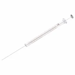 Gastight syringe with 10 µL capacity, borosilicate glass barrel, PTFE plunger and tip, and cemented needle with point style 2. Sterile and individually packaged, includes needles. Suitable for precise fluid handling in analytical applications such as chromatography.