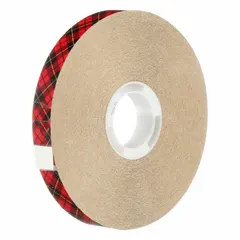 3M 924 is a reverse-wound adhesive transfer tape with a permanent acrylic adhesive on a kraft paper liner. The transparent, UV-resistant tape is 2 mil thick, 1/2 inch wide, and 11 yards long. It is used for mounting, splicing, and laminating in industrial assembly and graphics production.