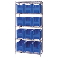 Wire stationary bin shelving unit with a gray steel frame and 5 shelves. Includes 12 blue polypropylene open-front bins in a hang-and-stack style, each measuring 12-1/4 in x 10-7/8 in x 17-1/2 in. One-sided design for organized storage of small parts and components in industrial environments.