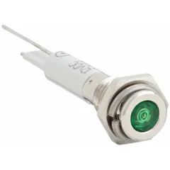 Green LED pilot light with flush head design for 6 mm panel mounting hole. Electrical connection via lead for soldering. Suitable for use in control panels and industrial machinery as a visual status indicator.