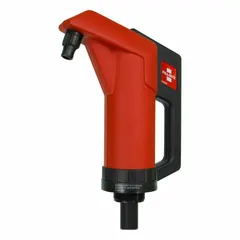 Lever-action piston pump with polypropylene spout and suction tube, Viton seals, delivering 11 oz per stroke. Designed for bung mounting, suitable for manual transfer of non-aggressive fluids like diesel, kerosene, and light oils in settings without power.