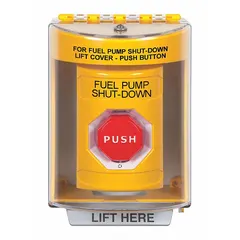 Emergency push button for activating exit alarms or releasing door locks in commercial and industrial facilities. Yellow finish, ADA compliant. Dimensions: 4 7/8 in height, 3 3/16 in depth, 3 1/4 in width.