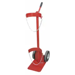 Single-cylinder hand truck with a red finish and chain securing mechanism. Nose plate measures 12 in W x 12 in D. Used for transporting a single gas cylinder in industrial facilities, warehouses, and maintenance sites.