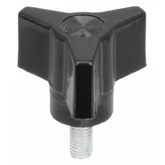 This 3-arm knob features a threaded stud for manual adjustment and clamping. Made from black thermoset material, it resists heat and chemicals. Commonly used on machinery, panel doors, and fixtures for hand tightening.