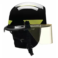 Black modern rear brim fire/rescue helmet with 4-Point Sure-Lock(R) ratchet suspension and chin strap. Designed for structural firefighting and rescue operations requiring head protection.