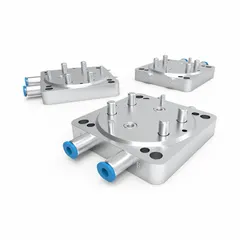 Tool coupler for EOAT interfaces, designed to connect universal grippers. Enables quick tool changes in automated manufacturing and robotic applications. Includes variants PQ180 and PQ9020-PQZ30.
