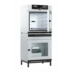 Vacuum oven with 3.56 cu ft capacity, 200°C maximum temperature, and 2420 W power. Features dual screen control with temperature accuracy of ±0.1°C up to 99.9°C and ±0.5°C at 100°C and above. Suitable for gentle drying, degassing, and heat treatment of heat-sensitive materials in laboratory and industrial processes.