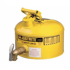 Type I safety can for storing and dispensing diesel. Single opening for filling and pouring. 2 1/2 gallon capacity. Constructed from powder coated steel in yellow. Suitable for industrial environments requiring compliant flammable liquid handling.