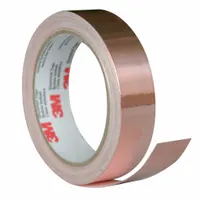 This general purpose foil electrical tape is 3/8 inch wide, 18 yards long, with a thickness of 2.6 mil and a voltage rating of 600 V. It features a brown acrylic adhesive and is used for EMI/RFI shielding, grounding, splicing, cable shielding, transformer repair, and static discharge protection in electrical and electronic applications