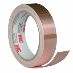 This general purpose foil electrical tape is 3/8 inch wide, 18 yards long, with a thickness of 2.6 mil and a voltage rating of 600 V. It features a brown acrylic adhesive and is used for EMI/RFI shielding, grounding, splicing, cable shielding, transformer repair, and static discharge protection in electrical and electronic applications.