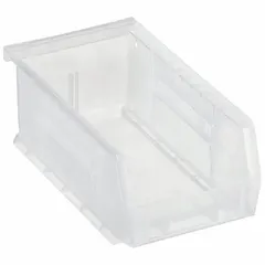 Clear plastic bin for organizing small parts, components, and hardware in industrial workstations, warehouses, and assembly lines. Clear material allows visual identification of contents. Includes label holder for inventory labeling. Not Electrostatic Discharge Conductive. Contains 0% recycled content.