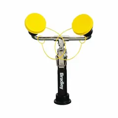 Counter-mount drench hose eyewash station with dual heads for eyes and face coverage. Features an 8 ft thermoplastic hose, angled sprayhead, and squeeze-handle activation. NPT connections. Used for emergency irrigation in response to chemical splashes or debris.