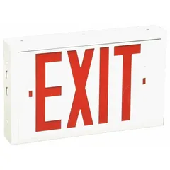 Red steel exit sign with two illuminated LED faces. Features sealed nickel-cadmium battery backup for emergency operation. Operates on 120/277 V AC. Suitable for industrial, warehouse, and public building applications where resistance to vandalism is required.