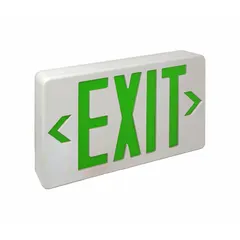 This plastic LED exit sign features a white housing and green text on two faces. It operates on 120/277 V AC and includes universal field selectable chevrons for directional indication. Designed for ceiling, end, or wall mounting, it does not include emergency battery backup and is not remote capable. Suitable for marking emergency exits in commercial and public buildings.