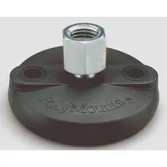 This vibration-damping female leveling mount features a 2 in nylon base with plain finish and a 3/8"-16 thread size. It supports a load capacity of 4,000 lb and includes mounting holes. The 5/8 in hex size allows for adjustment. Typical applications include leveling and vibration control for industrial machinery, conveyors, and heavy equipment.