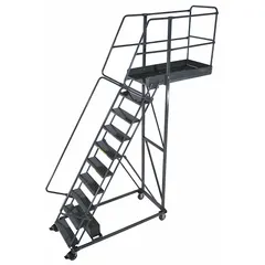 This unsupported cantilever ladder has an 8.3 ft platform height and is constructed of steel with a gray finish. It includes double handrails and locking casters for stability during use. Supplied unassembled, it is suitable for accessing elevated work areas in industrial and warehouse settings.