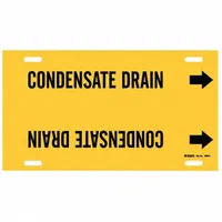 Yellow strap-on pipe marker with black legend 'Condensate Drain' and directional arrows. Fits pipe outer diameters of 10 to 15 inches. Used to identify condensate drain lines in industrial piping systems