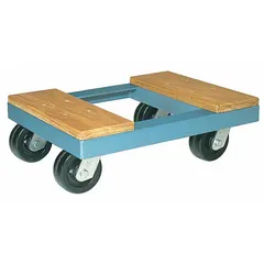 This general purpose dolly is designed for moving heavy loads in industrial, warehouse, and manufacturing environments. It features a 24 in L x 18 in W x 8 in H deck with flush lip, and (4) swivel casters for maneuverability. Capacity 3000 lb. Color: Silver. No tow eye.
