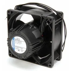 Square axial fan with polyamide blades, rated IP65 for wet locations. Delivers 47.1 cfm at 0.000 in static pressure. Dimensions: 3 5/8 in height, 1 1/2 in depth. Terminated with lead wires. Suitable for cooling and ventilation in damp or humid environments such as industrial enclosures and outdoor equipment.