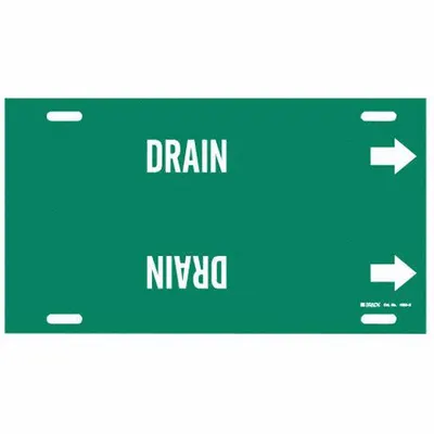 BRADY Pipe Marker: Drain, Green, White, Fits 10 to 15 in Pipe O.D., 1 Pipe Markers - Drain Strap-On Pipe Markers