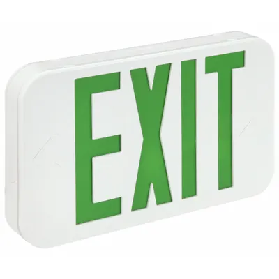COMPASS Exit Sign: Emergency Battery Backup, LED, White, Green, 1 or 2 Faces, Ceiling - Plastic Lighted Exit Signs