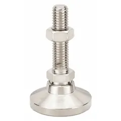 Swivel male leveling mount with 1/2"-13 thread size, 1.88 in type, and 5,000 lb load capacity. Nickel-plated finish, round base, 3/4 in hex size. Includes jam nut and mounting holes. Used for leveling and stabilizing machinery, conveyors, and workstations on uneven floors.