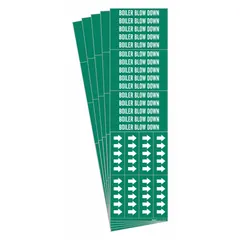 Green adhesive pipe markers with white legend 'Boiler Blow Down' and directional arrows. Each marker fits 3/4 in and smaller pipe O.D. Pack of 5 includes 3 markers. Used to identify boiler blow-down lines in industrial piping systems.