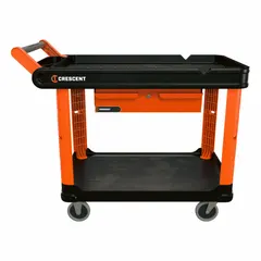 This starter cart from CRESCENT features two black raised shelves and includes a tool drawer. Overall dimensions are 37 in length, 23 in width, and 23 in height. Suitable for transporting tools and materials in industrial settings.