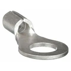 Non-insulated ring terminal for #8 stud size, accepting 22 AWG to 16 AWG wire. Rated 600 V with butted barrel and seam construction. Provides a secure electrical connection in control panels, machinery, and power distribution systems.