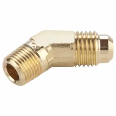 Brass 45-degree flare tube elbow with flared and threaded ends. Connects 1/4 in OD tubing to 1/8 in male pipe thread. Meets SAE J512 standards. Used in fluid systems for directional changes in tubing runs.