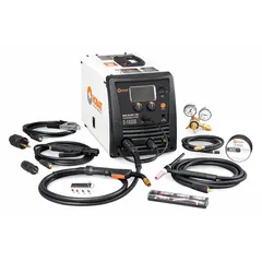 The HOBART Multi-Handler 200 is a DC multiprocess welder supporting MIG, Stick, and TIG welding. It delivers a maximum amperage of 200 A for both Stick and TIG processes, with a nominal input voltage of 230V. Suitable for light fabrication, automotive repair, and maintenance tasks requiring portability and process flexibility.
