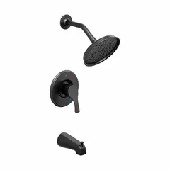 This bathtub spout and fixed showerhead faucet combination features a single-function fixed showerhead with one spray pattern and a flow rate of 1.75 gpm. Finished in black, it is designed for use in residential tub/shower enclosures for daily bathing.