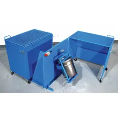 Steel safety enclosure for pail tumbling operations, finished in blue. Operates on single-phase 115V AC. Door opening width 7.33 ft. Compatible with MORSE machine model 2-305-1.