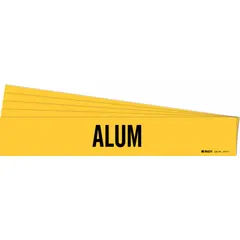 Adhesive pipe marker with yellow background and black 'Alum' legend, designed for identifying aluminum piping systems. Fits pipe outer diameters from 2-1/2 to 7-7/8 inches. Sold in a pack of 5, without directional arrows. Suitable for industrial facility pipe identification.