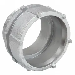 Threaded male connector for joining heavy-wall RMC and medium-wall IMC metal conduit. Zinc-plated finish. Trade size 2-1/2 in with NPS thread 2-1/2"-8. Overall length 3-7/8 in, width 4-1/8 in. CSA Certified. Suitable for industrial and commercial conduit terminations.