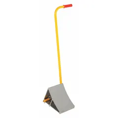 This aluminum wheel chock is designed for securing equipment with wheels up to 7 inches in diameter. It measures 11 7/8 inches in length and 17 1/8 inches in width, with an extended handle for easy placement and removal. The cold-resistant aluminum construction makes it suitable for use in low-temperature environments. Typical applications include industrial, warehouse, and maintenance settings where portable wheel restraint is needed.