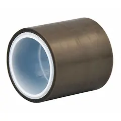 PTFE film tape with silicone adhesive, 3.7 mil thick, 5 yards long, gray. Provides a low-friction, non-stick surface for sealing applications. Used on chutes, guides, and conveyor rails to reduce material sticking.