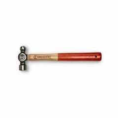 Alloy steel head with plain grip and hickory handle. 1 lb head weight, 1 in face diameter, 14 in overall length. Used for general striking tasks in metalworking, such as shaping metal, striking chisels, and rounding rivets.