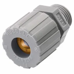 Straight nylon cord connector with 3/8 in MNPT box connection for sealing and strain-relieving cables entering enclosures. Accepts cord diameters 0.13 to 0.19 in, rated IP66 and Class III, Division 1 & 2 for hazardous locations. Gray body with orange color-coded grommet, overall length 1 9/16 in.