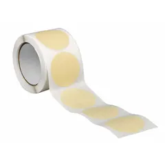 This 3M 2380 masking tape disc is a pre-cut 5-inch diameter, 7.5 mil thick, tan rubber crepe paper tape designed for indoor use on metal surfaces. It is suitable for high-temperature masking applications such as powder coating and baking processes.