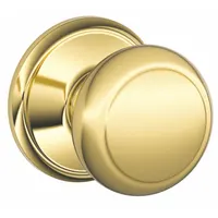 This SCHLAGE passage knob lockset is constructed of brass in the Andover style. It is designed for interior doors that do not require locking, such as closets or hallways. The lockset provides a non-latching function for easy passage