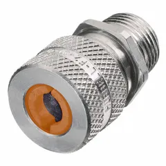 Straight metallic cable grip with 1/2 in MNPT box connection, aluminum body in silver finish. Accepts cord diameters from 0.13 in to 0.19 in, with orange color-coded grommet. Rated IP66 and Class I, Division 2 for hazardous locations. Overall length 1 5/8 in.