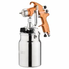 This conventional spray gun from DEVILBISS is constructed with an aluminum body and features a 1/4 in NPS air inlet. It consumes 6.4 cfm at 14.5 psi and is designed for applying dyes, glazes, lacquers, paints, and stains. Suitable for industrial finishing tasks requiring precise fluid application.