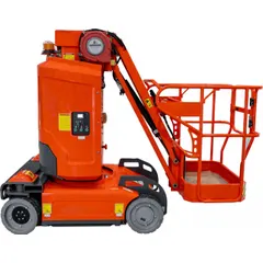 Battery-powered drivable vertical personnel lift with a 30 ft elevated platform height and a 27 in x 36.6 in platform. Includes a Pothole Protection System. Used for overhead maintenance, installation, and repair tasks in warehouses, factories, and construction sites.