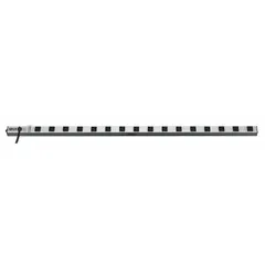 Industrial power strip with 16 outlets, 15 ft cord, and 15 A rating. UL 1363 listed with 5-15P plug and clip mounting for secure attachment. Suitable for distributing power to multiple devices in workbench or equipment rack setups.