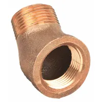 This 45° metal pipe elbow is used to change flow direction in low-pressure piping systems. It features a 1 in Male NPT threaded connection on one end and a 1 in Female NPT threaded connection on the other, with a maximum operating pressure of 200 psi