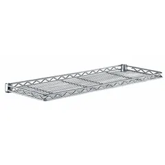 This METRO cantilever wire shelf is designed for dry storage environments. Constructed of steel with a chrome finish, it features a split sleeve design and is NSF approved. The shelf measures 60 inches by 12 inches and supports up to 150 pounds. Suitable for organizing supplies in commercial kitchens, food service, and healthcare settings.