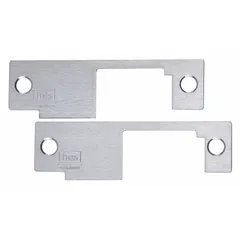 This electric strike faceplate is designed for use with HES Series 8500 electric strikes. It measures 1 1/4 inches wide by 4 7/8 inches high. Suitable for access control applications in commercial and industrial door systems.